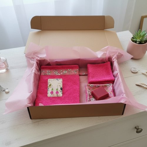 Box gant de toilette et 8 lingettes couleur fuchsia
