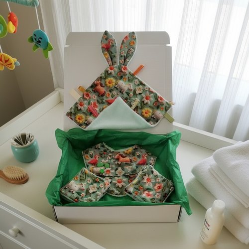 Coffret naissance/box naissance bavoir, doudou, attache tétine et 8 lingettes