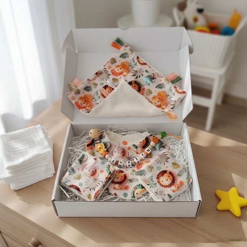 Coffret naissance/box naissance bavoir, doudou, attache tétine et 8 lingettes