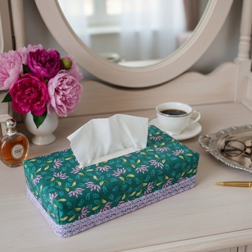 Housse pour boite à mouchoirs turquoise fleurs mauves