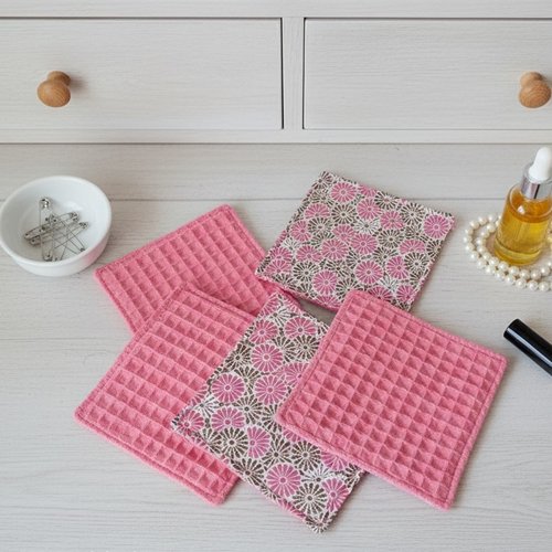 Lot de 8 lingettes démaquillantes coton imprimé et nid d'abeilles