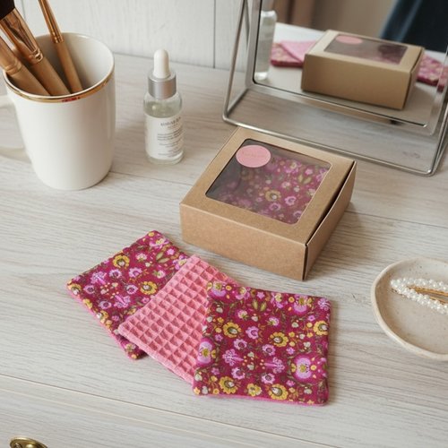 Boite de 6 lingettes démaquillantes coton imprimé et nid d'abeilles