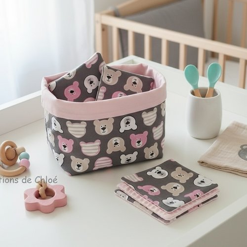 Panier et 12 lingettes bébé roses et grises