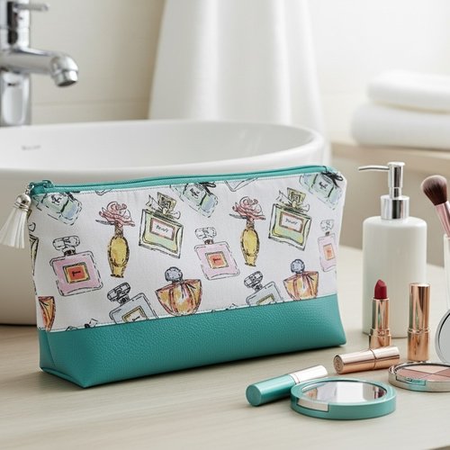 Trousse de toilette femme tissu imprimé et simili cuir vert turquoise
