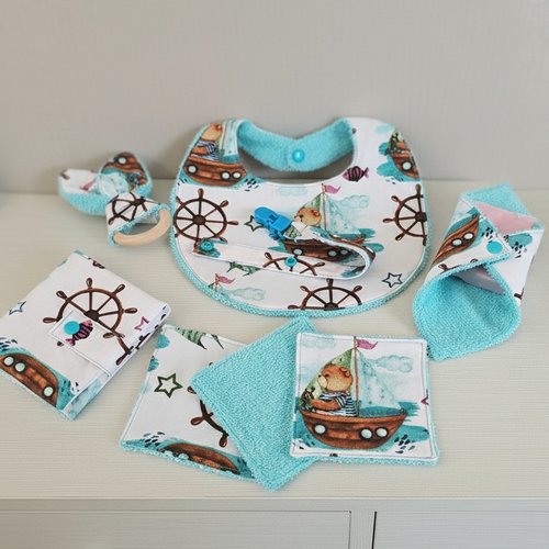 Ensemble naissance tissus blanc motif oursons bateaux