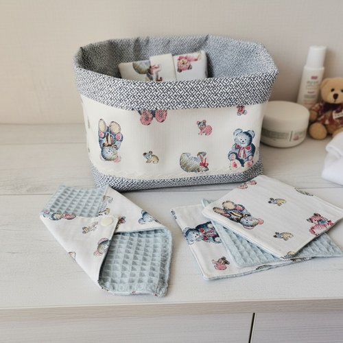 Ensemble naissance tissu blanc et bleu motif oursons