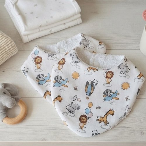 Lot de 2 bavoirs naissance coton et éponge blanche