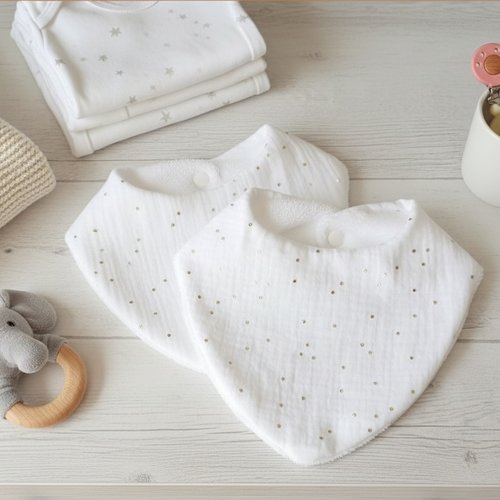 Lot de 2 bavoirs bébé double gaze blanche et éponge bambou