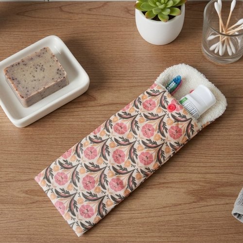 Etui brosse à dent coton motifs fleurs et éponge beige