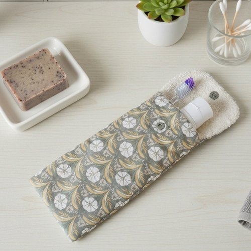 Etui brosse à dent coton motifs fleurs et éponge beige