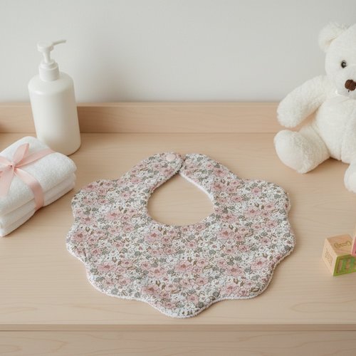 Bavoir bébé forme fleurs coton imprimé et éponge