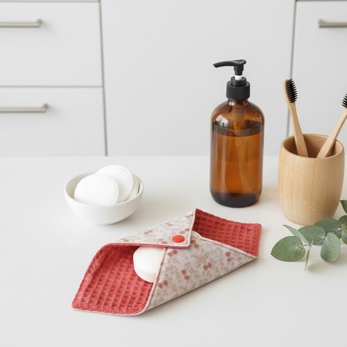 Pochette à savon tissus corail et motifs imprimé fleurs