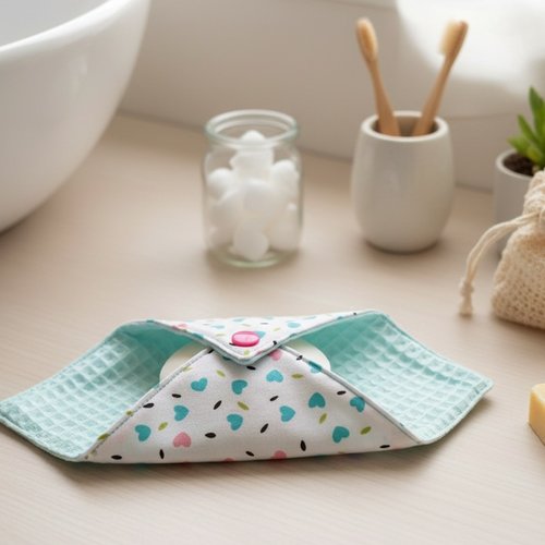 Pochette à savon tissus bleu et motifs cœurs