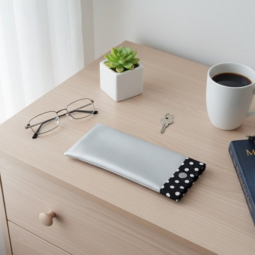 Etui à lunette en simili cuir gris argent et tissus