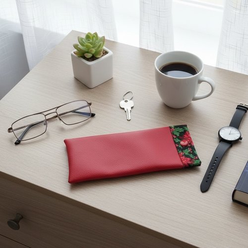Etui à lunette en simili cuir rouge et tissus