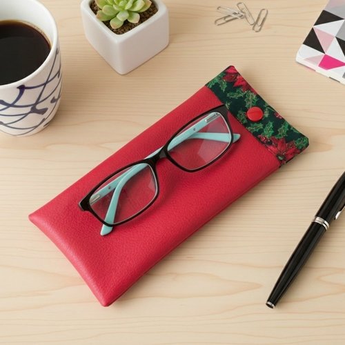 Etui à lunette en simili cuir rouge et tissus