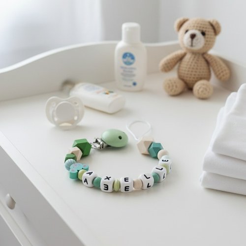 Attache tétine personnalisée perles bois et silicone