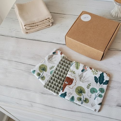 Boite de 10 lingettes lavables pour bébé coton et nid d'abeilles kaki