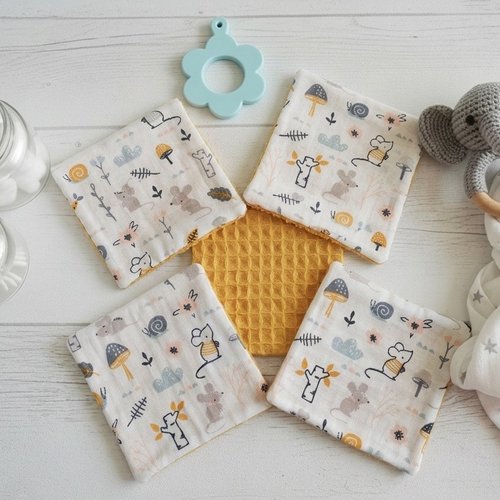 Lot de 6 lingettes bébé coton et nid d'abeilles moutarde