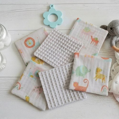 Lot de 6 lingettes lavables pour bébé coton et nid d'abeilles
