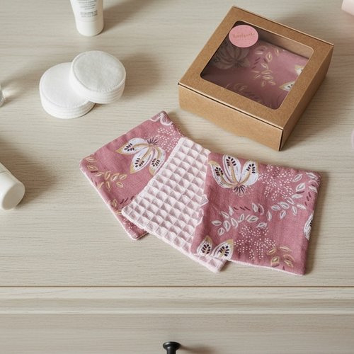 Boite de 6 lingettes démaquillantes coton imprimé et nid d'abeilles