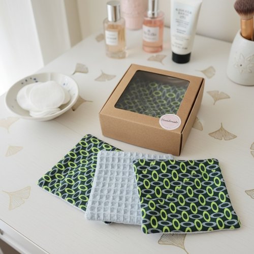 Boite de 6 lingettes démaquillantes coton imprimé et nid d'abeilles