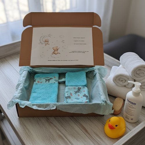 Box naissance gant et lingettes tissu coton et éponge