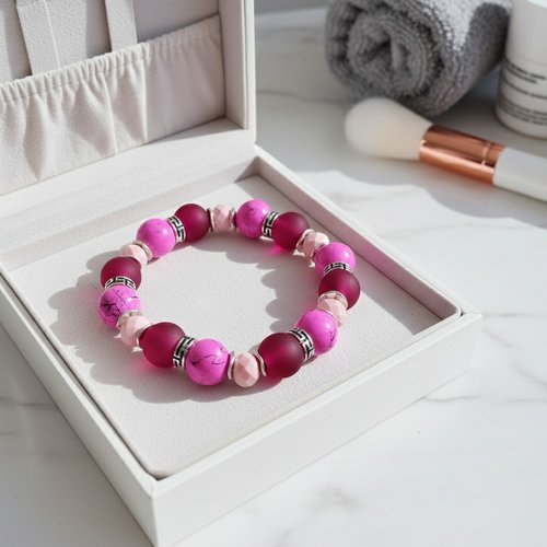 Bracelet fil élastique perles en verre rose et bordeaux