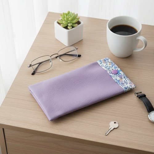 Etui à lunette en simili cuir mauve et tissus
