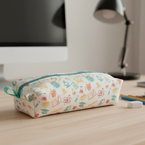 Trousse écolier vert blanc orange motifs fournitures scolaires