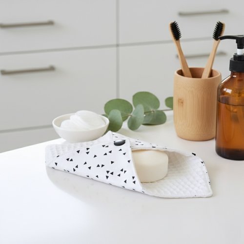 Pochette à savon tissus blanc et motifs triangles noirs