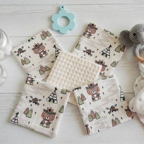 Lot de 7 lingettes lavables pour bébé coton et nid d'abeilles beige