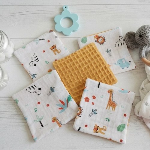 Lot de 5 lingettes bébé coton et nid d'abeilles moutarde