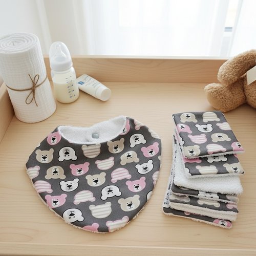 Ensemble naissance bavoir et 7 lingettes motif têtes d'ours