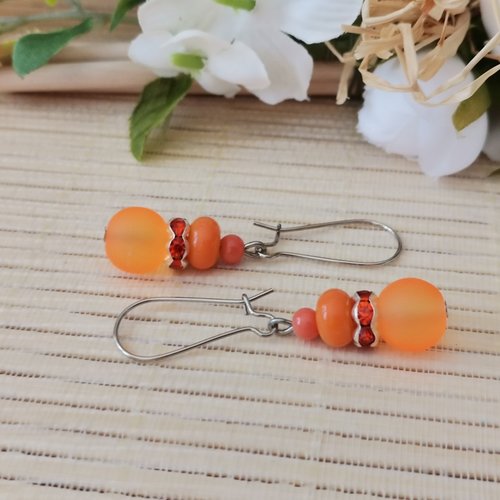 Promo - boucles d'oreilles 3 perles en verre ton orange