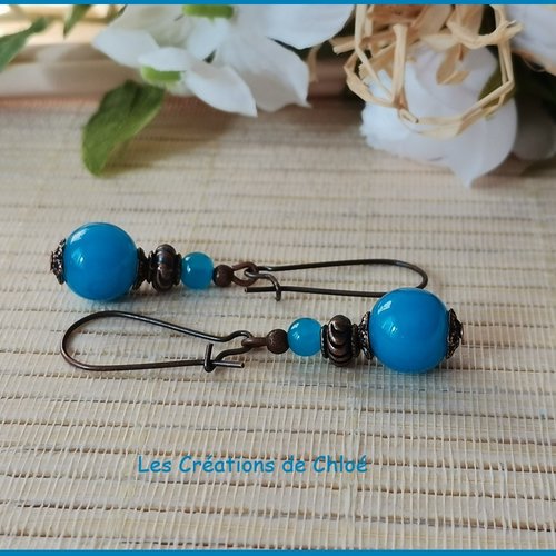 Boucles d'oreilles perles bleues imitation jade