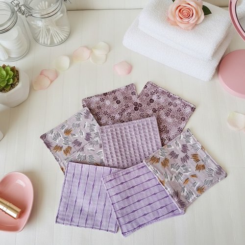 Lot de 12 lingettes démaquillantes coton imprimé et nid d'abeilles