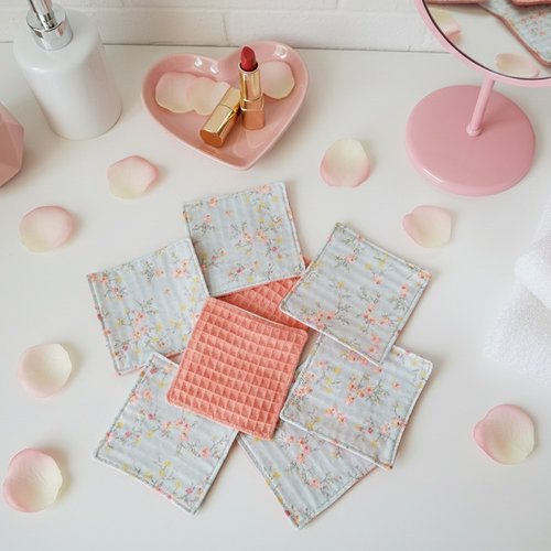 Lot de 8 lingettes démaquillantes coton imprimé et nid d'abeilles