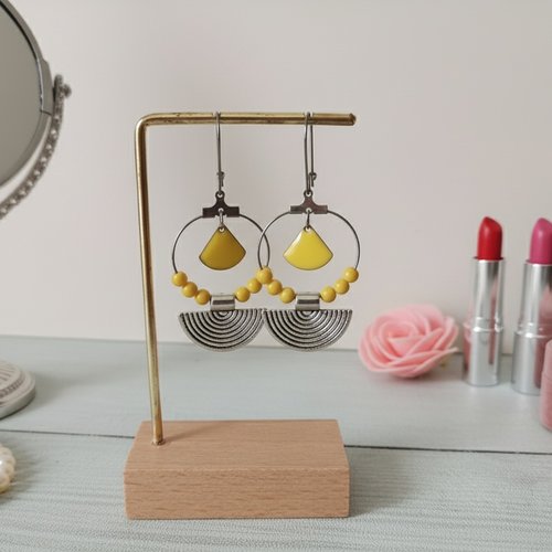 Boucles d'oreilles créoles acier inoxydable, pendentif demi lune et sequin émail