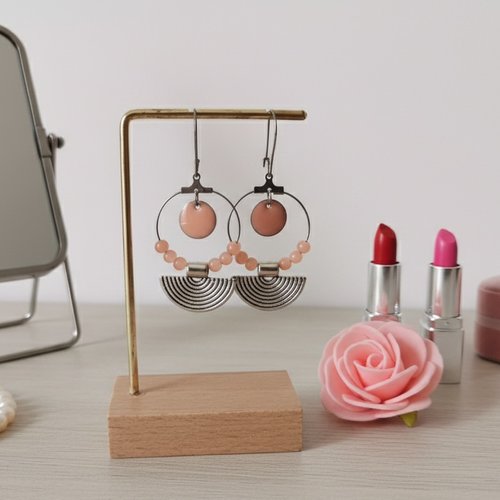 Boucles d'oreilles créoles acier inoxydable, pendentif demi lune et sequin émail