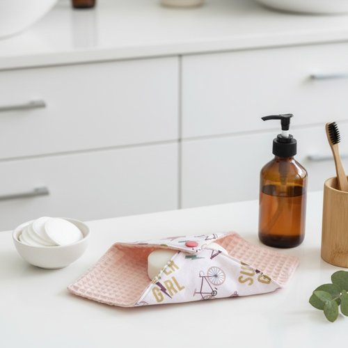 Pochette à savon tissus saumon et motif girl