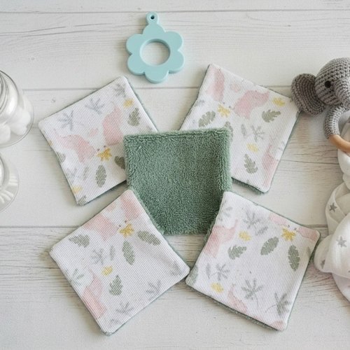 Lot de 6 lingettes bébé coton et éponge bambou verte