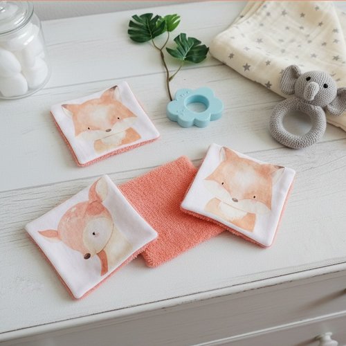 Lot de 4 lingettes bébé coton imprimé animaux