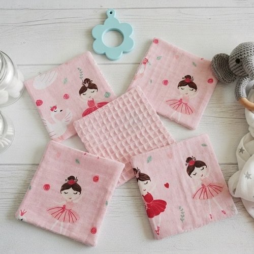 Lot de 5 lingettes bébé coton/nid d'abeilles rose