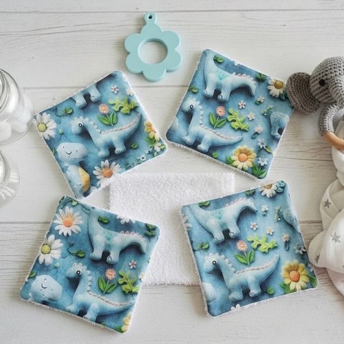 Lot de 8 lingettes bébé coton imprimé 3d bleu motifs dinosaures