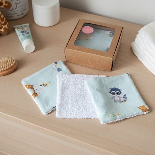 Boite de 6 lingettes bébé coton imprimé et éponge blanche