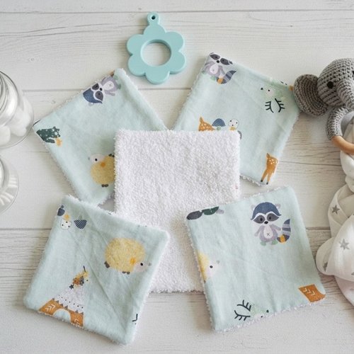 Boite de 6 lingettes bébé coton imprimé et éponge blanche