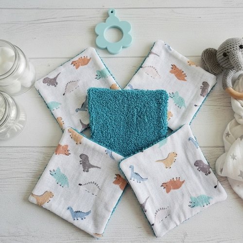 Boite de 6 lingettes bébé coton imprimé et éponge bleu turquoise