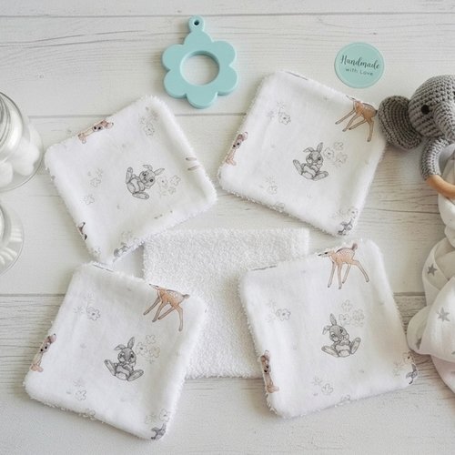 Boite de 5 lingettes bébé coton imprimé bambi et éponge blanche