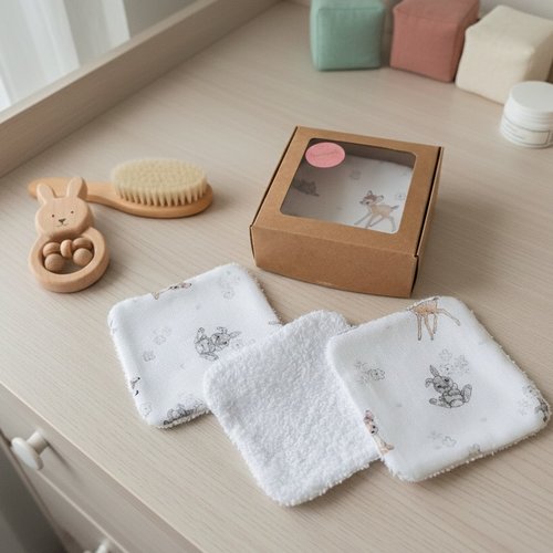Boite de 5 lingettes bébé coton imprimé bambi et éponge blanche